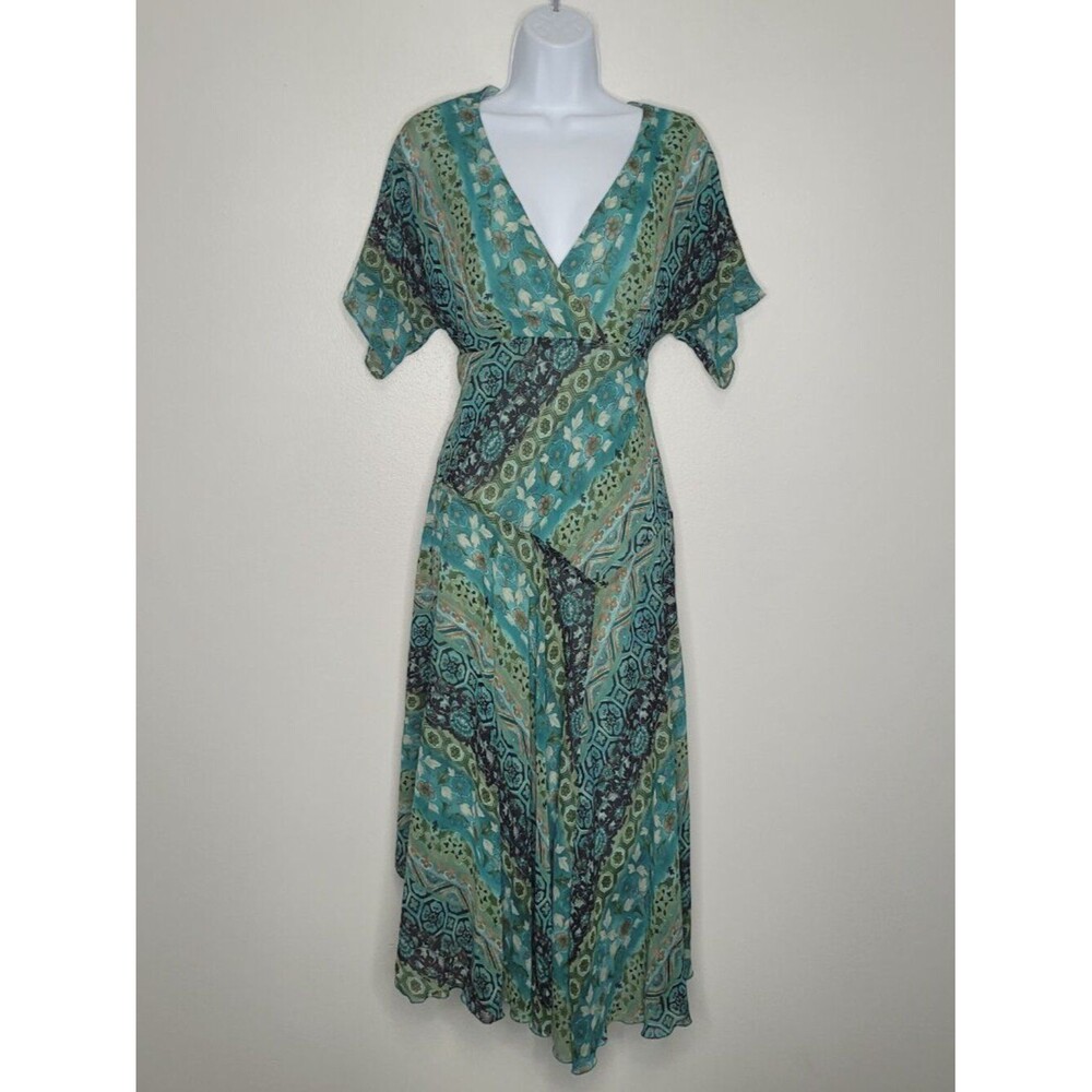 Dressbarn green tones mixed print grunge fairy garden party dress size 8